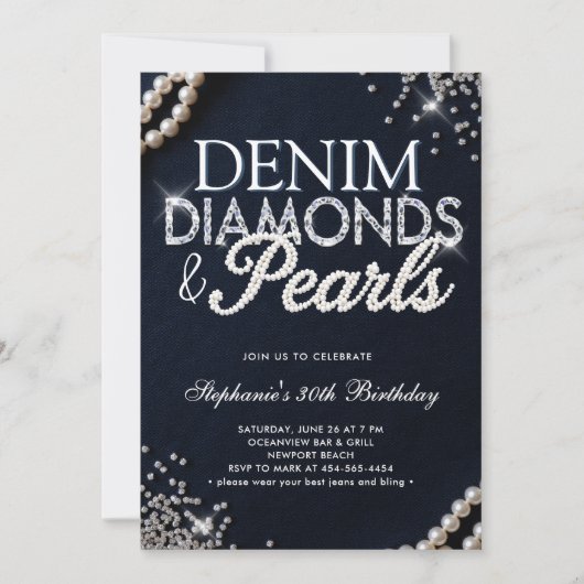 Denim Diamonds Pearls Chic Classy Elegant Birthday 招待状 (正面)