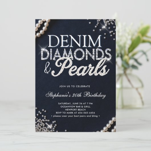 Denim Diamonds Pearls Chic Classy Elegant Birthday 招待状 (スタンド正面)