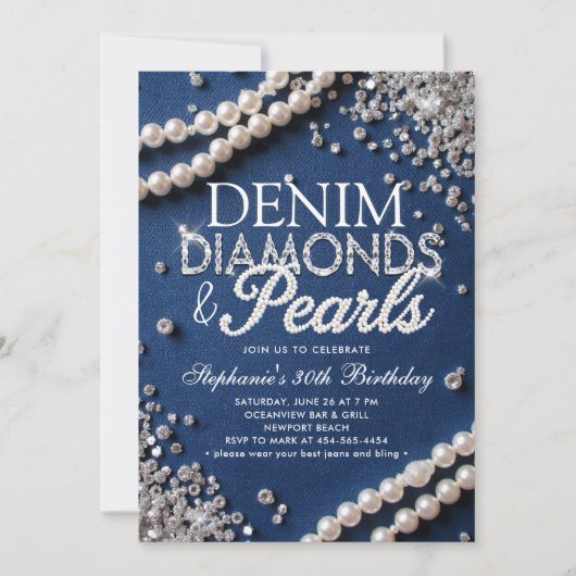 Denim Diamonds Pearls Chic Classy Stylish Birthday 招待状 (正面)