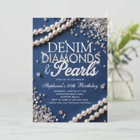 Denim Diamonds Pearls Chic Classy Stylish Birthday 招待状 (スタンド正面)