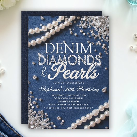 Denim Diamonds Pearls Chic Classy Stylish Birthday 招待状