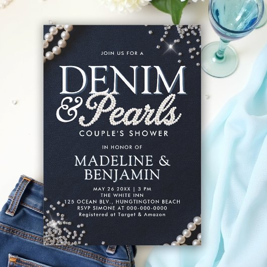 Denim Diamonds Pearls Elegant Blue Couple Shower 招待状