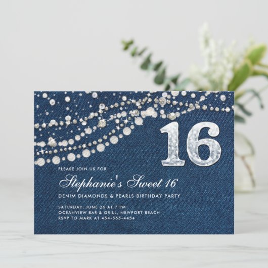 Denim Diamonds Pearls Elegant Classy Chic Sweet 16 招待状 (スタンド正面)