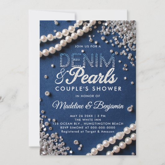 Denim Diamonds Pearls Elegant Modern Couple Shower 招待状 (正面)