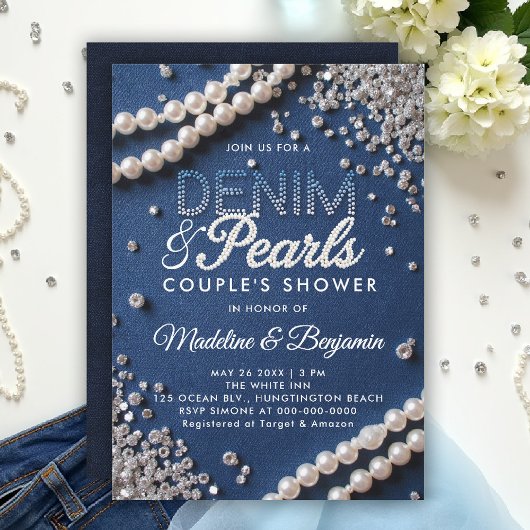Denim Diamonds Pearls Elegant Modern Couple Shower 招待状