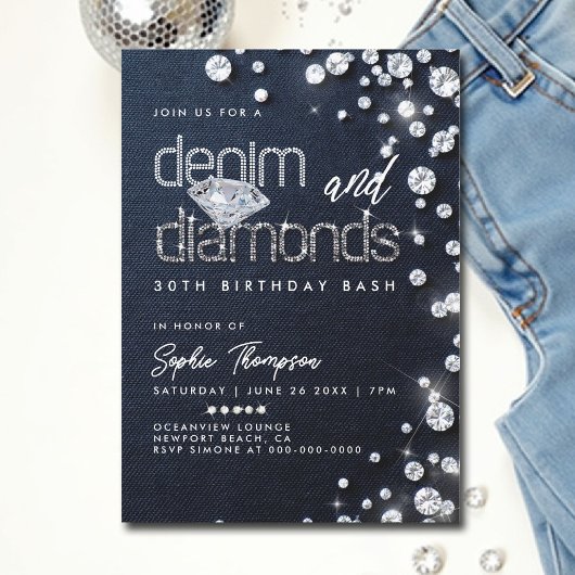 Denim Diamonds Theme Classy 30th Birthday Party 招待状