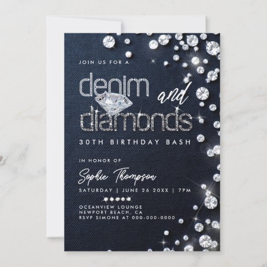 Denim Diamonds Theme Classy 30th Birthday Party 招待状 (正面)