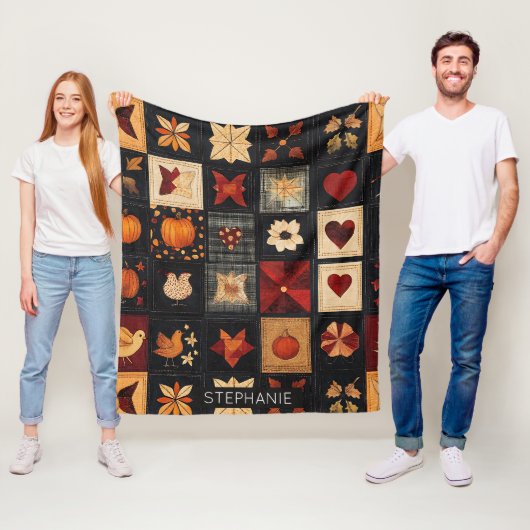 Denim Folk Art Quilt Pattern | Rustic Autumn Patch フリースブランケット (インサイチュ)