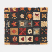 Denim Folk Art Quilt Pattern | Rustic Autumn Patch フリースブランケット (正面(横))