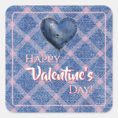 Denim Heart Valentine's Day Décor Plaid  スクエアシール (正面)