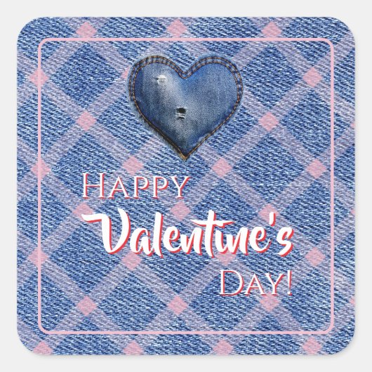Denim Heart Valentine's Day Décor Plaid  スクエアシール (正面)