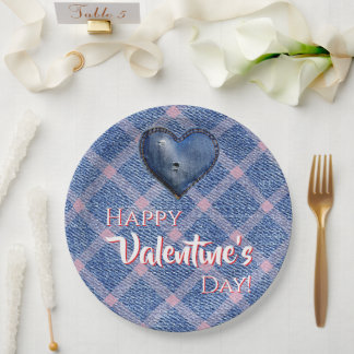 Denim Heart Valentine's Day Party Plaid  ペーパープレート