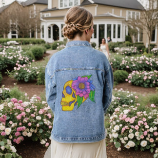 Denim Jacket With Abstract Skull and Flower Art デニムジャケット