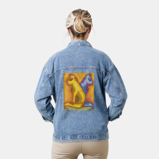 Denim Jacket With Floral Cats Pencil Art デニムジャケット (モデル)