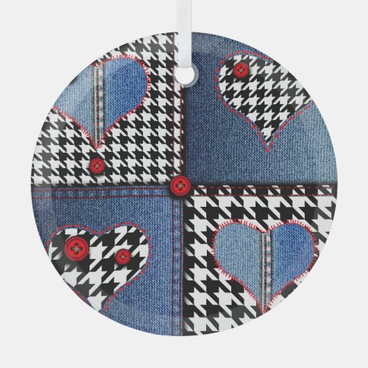 Denim Patchwork：シームレスなファブリックパターン ガラスオーナメント (正面)