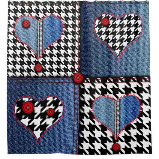 Denim Patchwork：シームレスなファブリックパターン シャワーカーテン (正面)