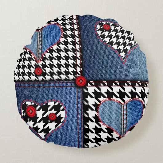 Denim Patchwork:シームレスなファブリックパターン ラウンドクッション (正面)