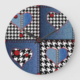Denim Patchwork：シームレスなファブリックパターン ラージ壁時計