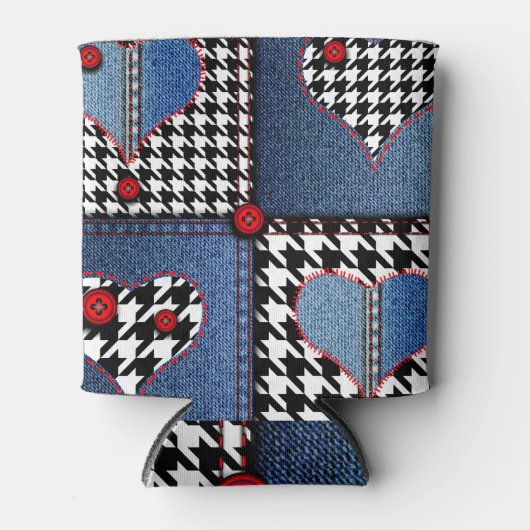 Denim Patchwork:シームレスなファブリックパターン 缶クーラー (正面)