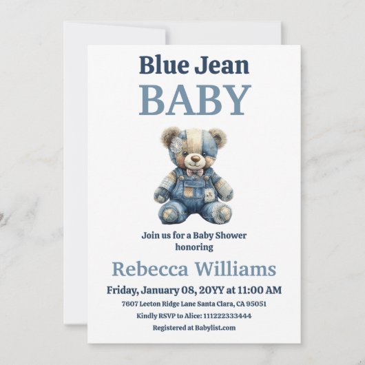 Denim Patchwork Bear Boy Blue Jean Baby Shower 招待状 (正面)