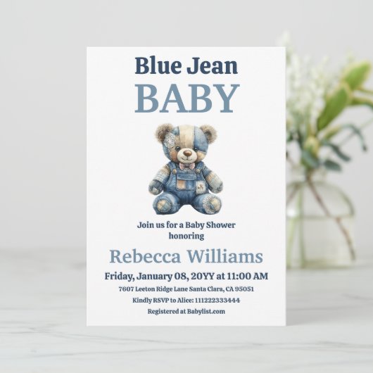 Denim Patchwork Bear Boy Blue Jean Baby Shower 招待状 (スタンド正面)