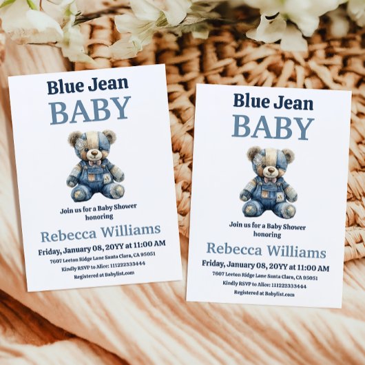 Denim Patchwork Bear Boy Blue Jean Baby Shower 招待状