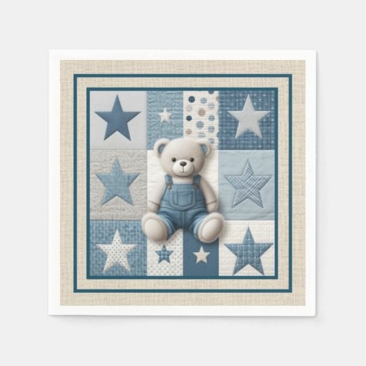 Denim Patchwork Bear Napkins スタンダードカクテルナプキン (正面)