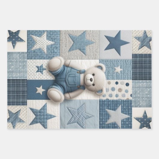 Denim Patchwork Bear Napkins ラッピングペーパーシート (正面)