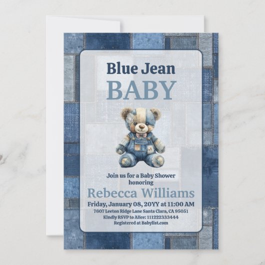 Denim Patchwork Bear Toy Blue Jean Baby Shower 招待状 (正面)