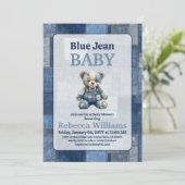 Denim Patchwork Bear Toy Blue Jean Baby Shower 招待状 (スタンド正面)