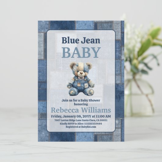 Denim Patchwork Bear Toy Blue Jean Baby Shower 招待状 (スタンド正面)