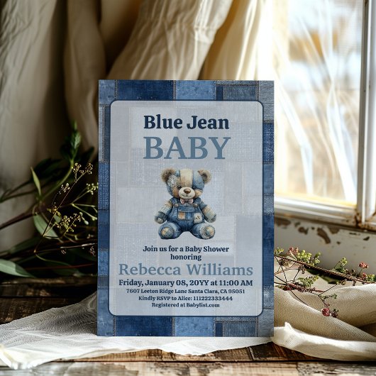 Denim Patchwork Bear Toy Blue Jean Baby Shower 招待状