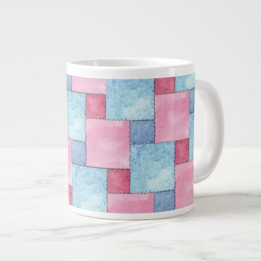 Denim Patchwork Jumbo Mug, Pinks, Blues ジャンボコーヒーマグカップ (正面右)