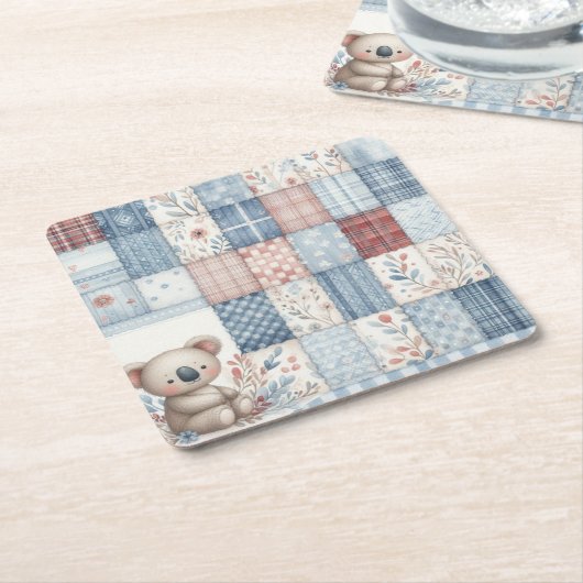 Denim Patchwork Koala - Square Paper Coaster スクエアペーパーコースター (アングル)