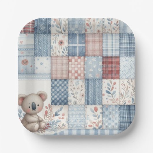 Denim Patchwork Koala - Square Paper Plate ペーパープレート (正面)