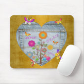 Denim Pocket Heart Flowers Butterflies on Gold マウスパッド (マウス)