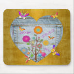 Denim Pocket Heart Flowers Butterflies on Gold マウスパッド<br><div class="desc">You are viewing The Lee Hiller Designs Collection of Home and Office Decor,  Apparel,  Gifts and Collectibles. The Designs include Lee Hiller Photography and Mixed Media Digital Art Collection. You can view her Nature photography at http://HikeOurPlanet.com/ and follow her hiking blog within Hot Springs National Park.</div>