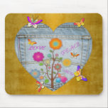 Denim Pocket Heart Flowers Butterflies on Gold マウスパッド<br><div class="desc">You are viewing The Lee Hiller Designs Collection of Home and Office Decor,  Apparel,  Gifts and Collectibles. The Designs include Lee Hiller Photography and Mixed Media Digital Art Collection. You can view her Nature photography at http://HikeOurPlanet.com/ and follow her hiking blog within Hot Springs National Park.</div>