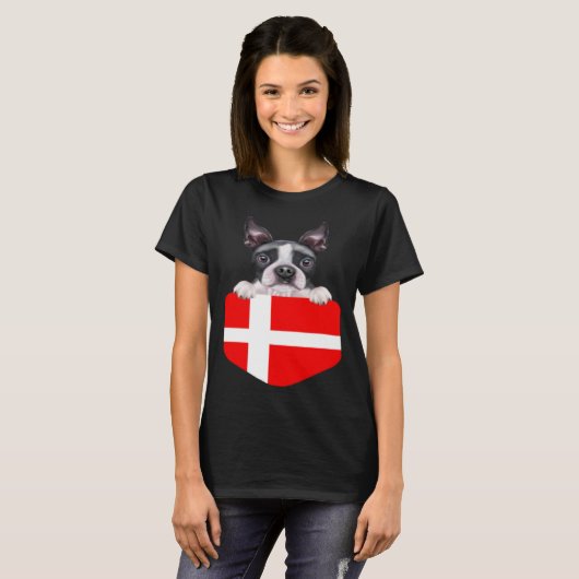 Denmark Flag Boston Terrier Dog In Pocket Tシャツ (正面フル)