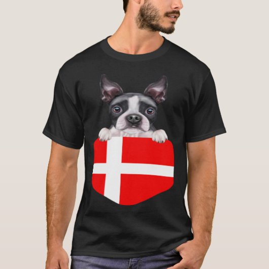 Denmark Flag Boston Terrier Dog In Pocket Tシャツ (正面)