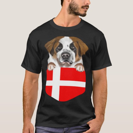 Denmark Flag St Bernard Dog In Pocket Tシャツ (正面)