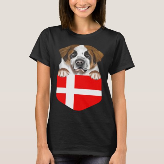 Denmark Flag St Bernard Dog In Pocket Tシャツ (正面)