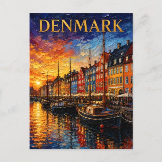 Denmark: Sunset Glow Nyhavn Harbor Art Souvenir ポストカード (正面)