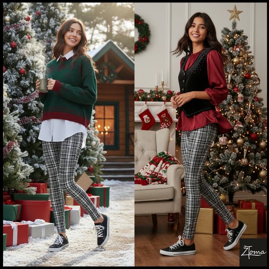 Dense Grayscale Black White Plaid Check レギンス