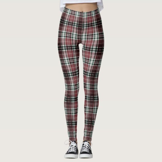 Dense Maroon Black White Tartan Plaid レギンス (正面)