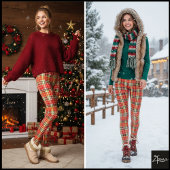 Dense Orange Red Festive Tartan Plaid レギンス