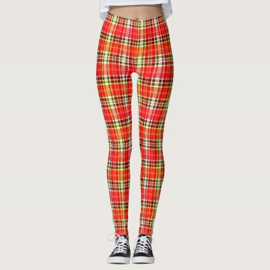 Dense Orange Red Festive Tartan Plaid レギンス (正面)