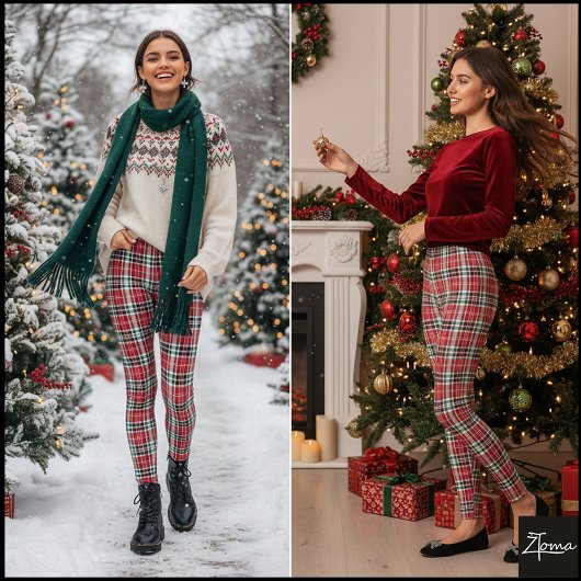 Dense Red Green Christmas Tartan Plaid レギンス