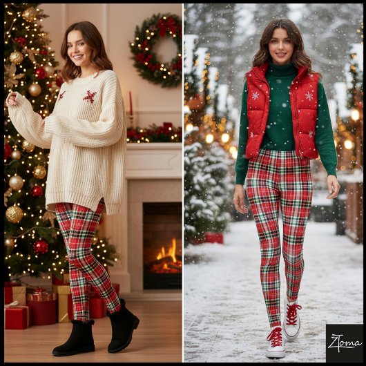Dense Red Green Holiday Plaid Texture レギンス