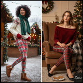 Dense Red Green Holiday Plaid Texture レギンス